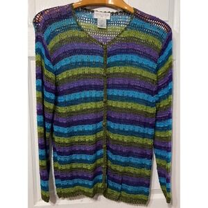 Casual Corner & Co Striped Crochet Knit Cardigan Purple Teal 
Green Large Boho